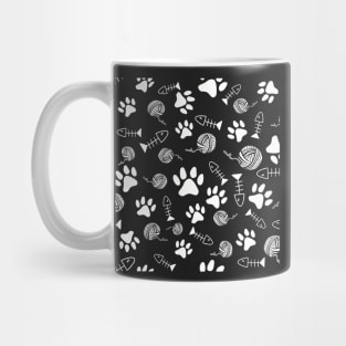 Cat Paw Print, Fish Bones, Ball of Yarn Pattern - White on Black Version Mug